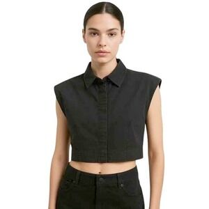 Zara Cropped Shoulder Pad Poplin Button Down Shirt Black Women's Medium NWOT